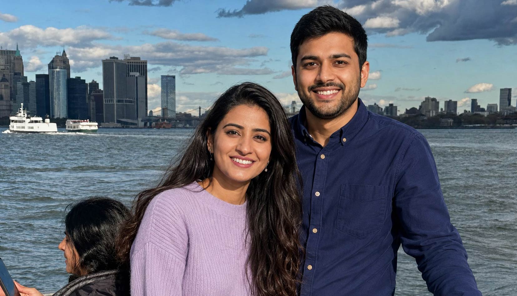 A couple pose for a photo during the NYC sightseeing cruise.