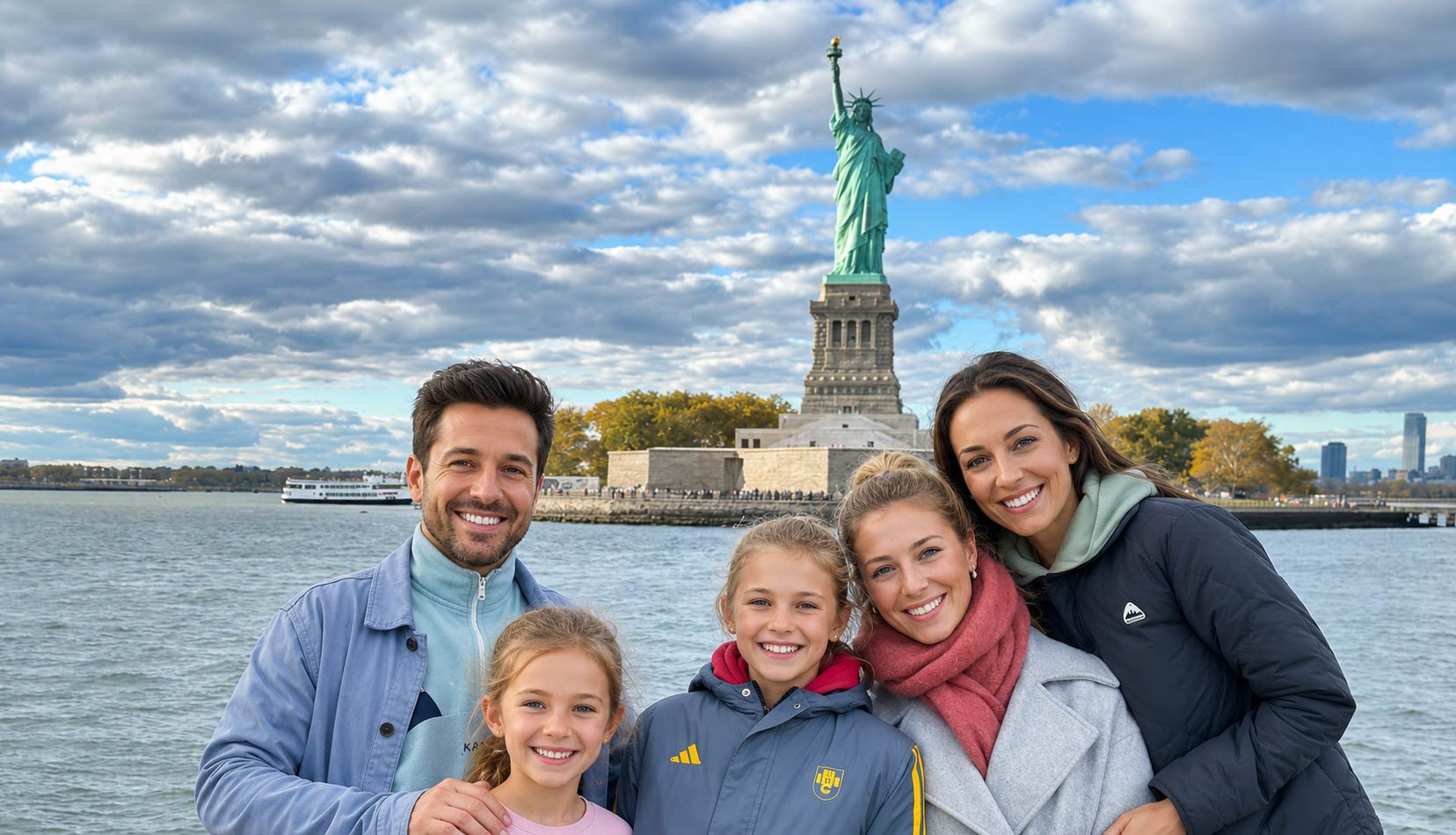 A family poses in front of the Statue of Liberty during a sightseeing cruise.