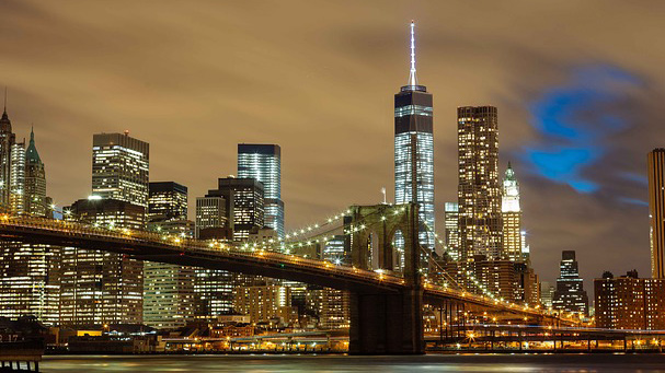 See the New York City skyline at night. 