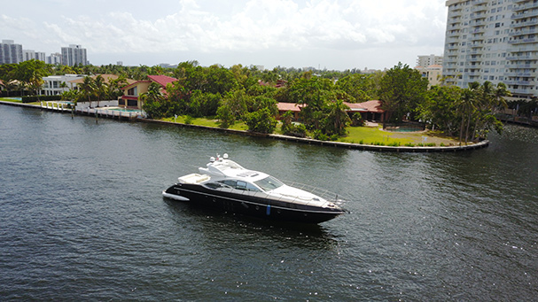 An aerial view of the Black Ice cruising through the Intracoastal Waterway. 