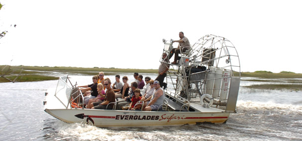 The Everglades Safari Boat in the middle of the Everglades. 