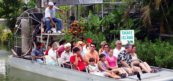 An airboat returns to the main site at Everglades Alligator Farm.