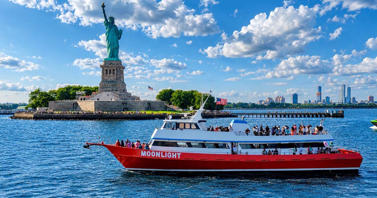 The Moonlight boat arrives near the Statue of Liberty during its daily tour. 