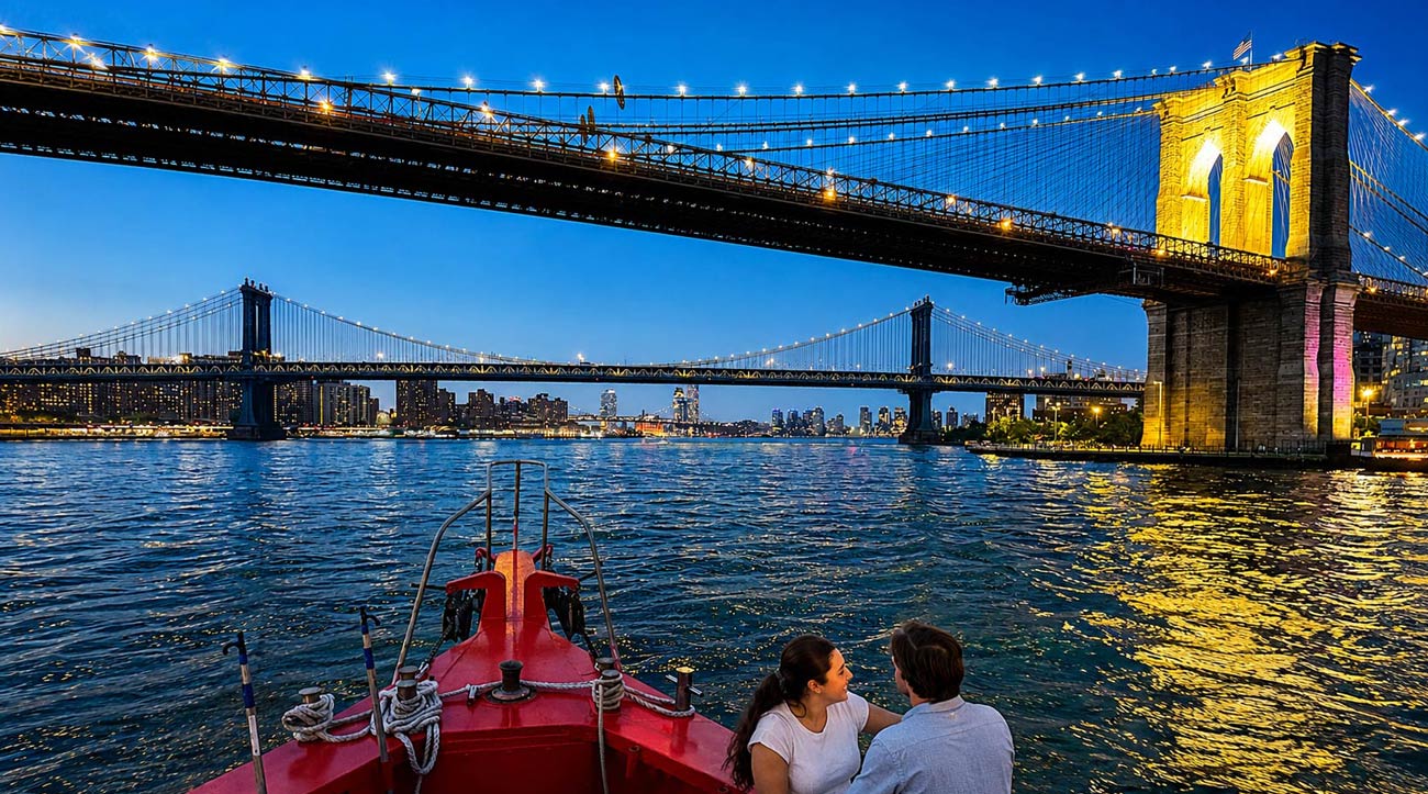 The New York City skyline cruise passes under the Brooklyn Bridge.