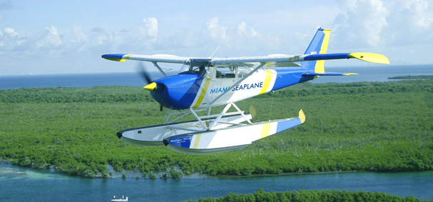 The Miami Seaplane is flying over the everglades