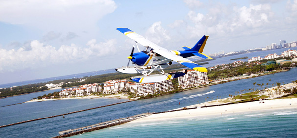 The Miami Seaplane flying above Fisher Island.