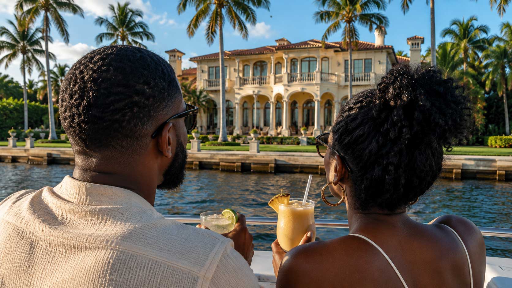 A couple enjoy the scenery on their Venice of America Cruise in Fort Lauderdale.