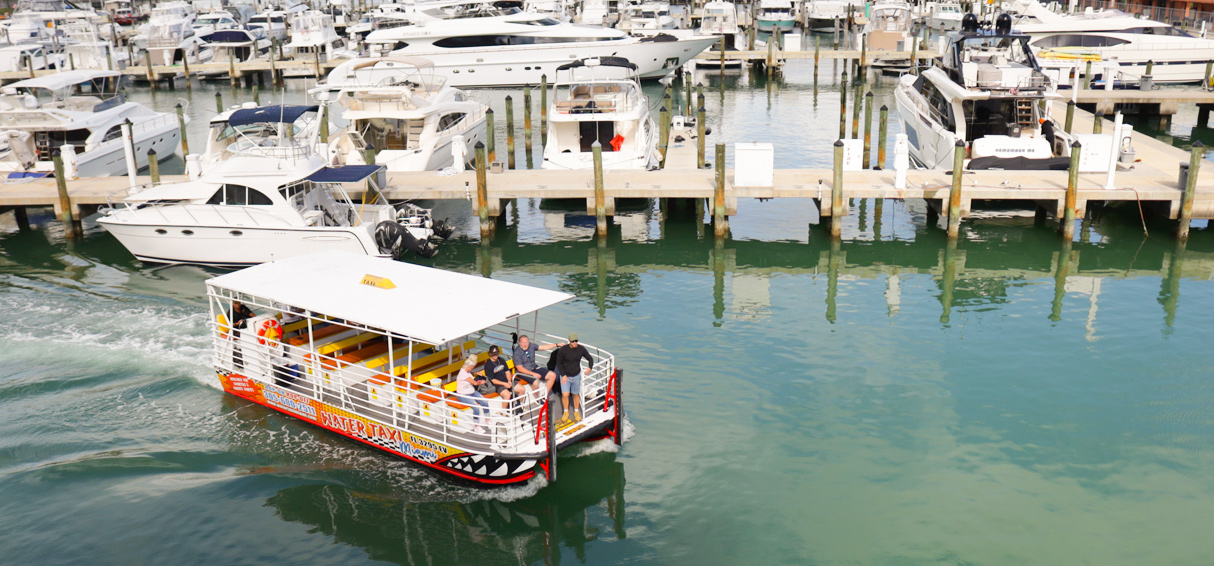 The Water Taxi Miami docking at Bayside Marketplace.