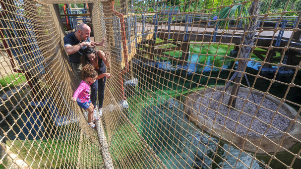 A couple walks there child over a bridge at Zoo Miami. 