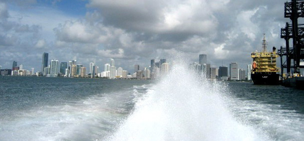 The Thriller Speedboat causes water to shot in the air due to its speed.